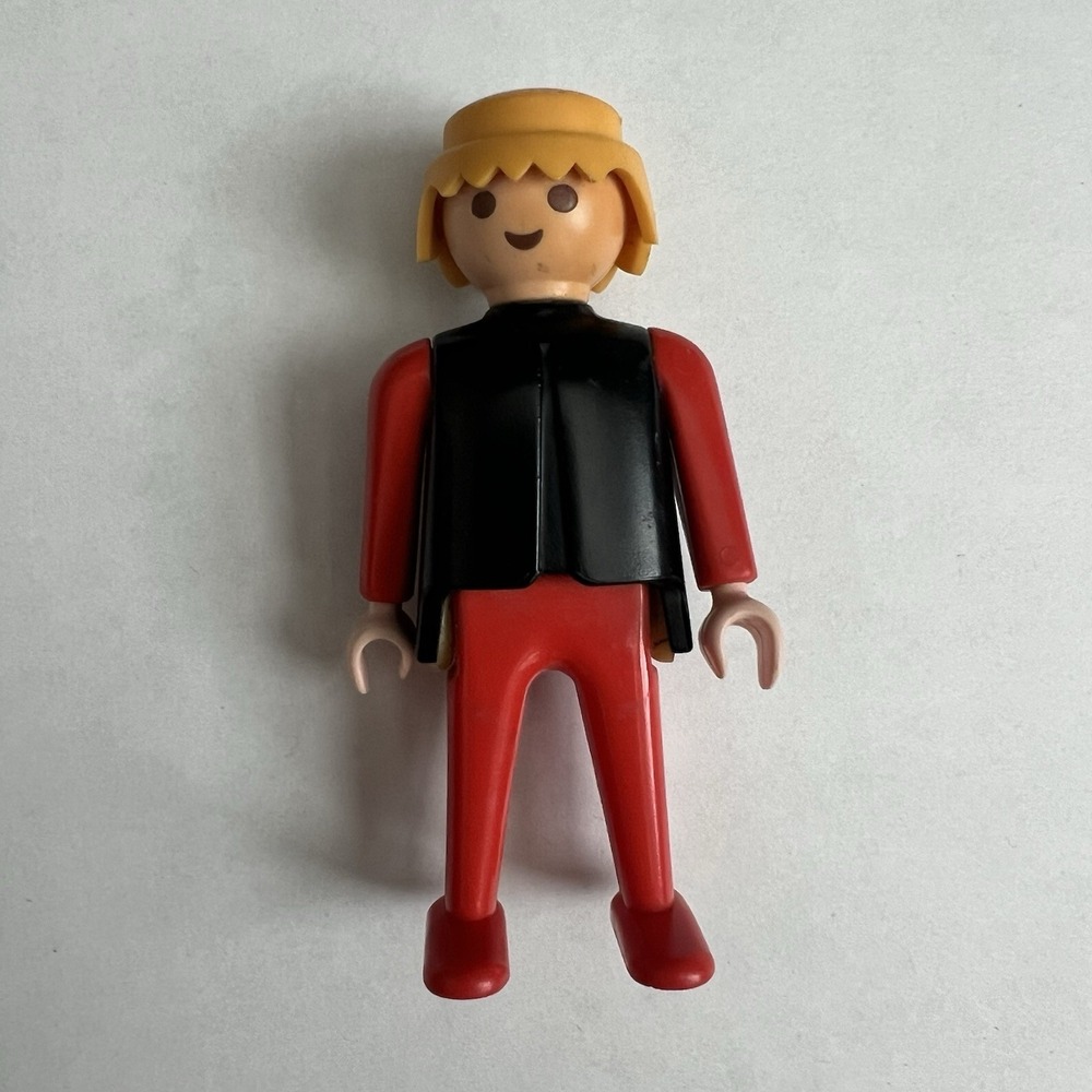 Vintage 1974 Playmobil Geobra Figure Blond Hair Black Vest Red Outfit